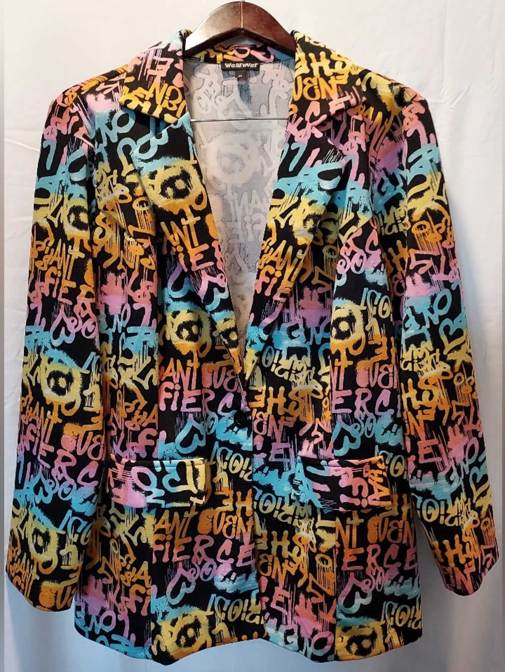 Wearever Womens Multicolor Graffiti Print Blazer Size 2x